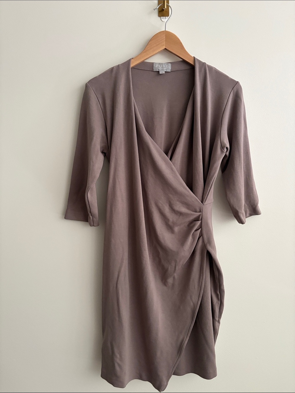 Pure Collection Faux Wrap Dress Taupe Stretch Office Career Date Night Size 18